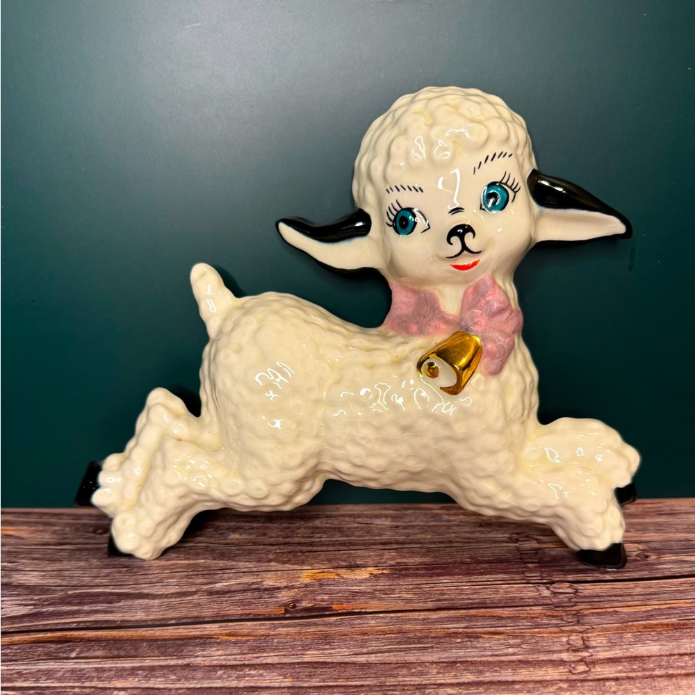 1955 Irene Smith VINTAGE Porcelain Sheep/Lamb with Pink Ribbon & Bell